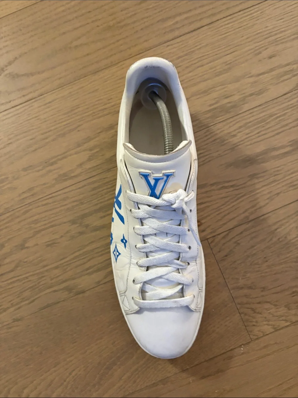 Louis Vuitton White Leather Sneakers with Blue LV Motif